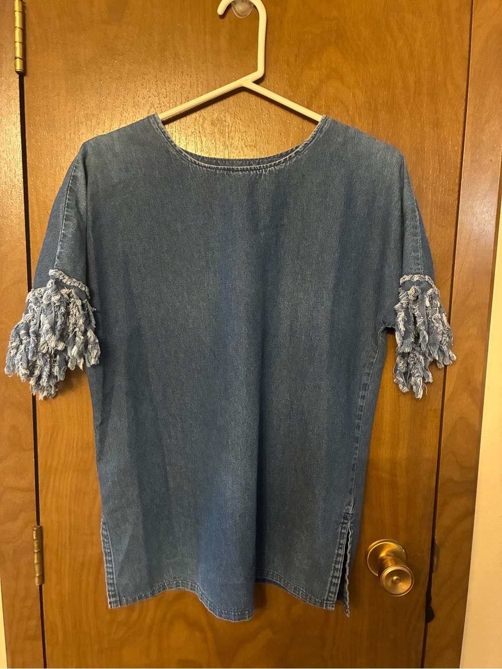 Alfredo’s wife Denim Fringe Short Sleeve Top - Blue